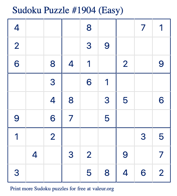 Free Printable Easy Sudoku Puzzle number 1904