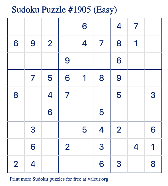 Free Printable Easy Sudoku Puzzle number 1905