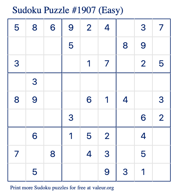 Free Printable Easy Sudoku Puzzle number 1907