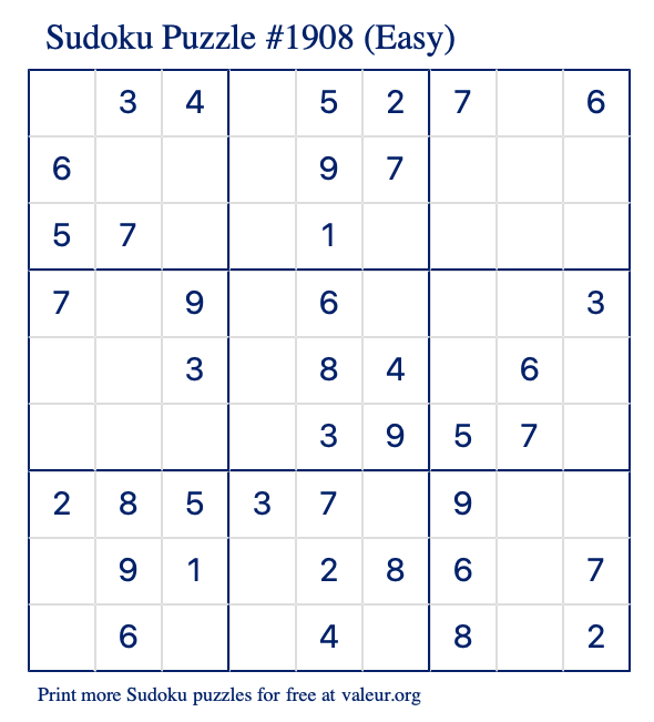 Free Printable Easy Sudoku Puzzle number 1908