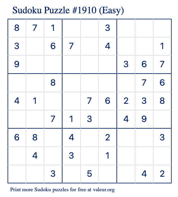 Free Printable Easy Sudoku Puzzle number 1910