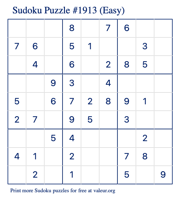 Free Printable Easy Sudoku Puzzle number 1913