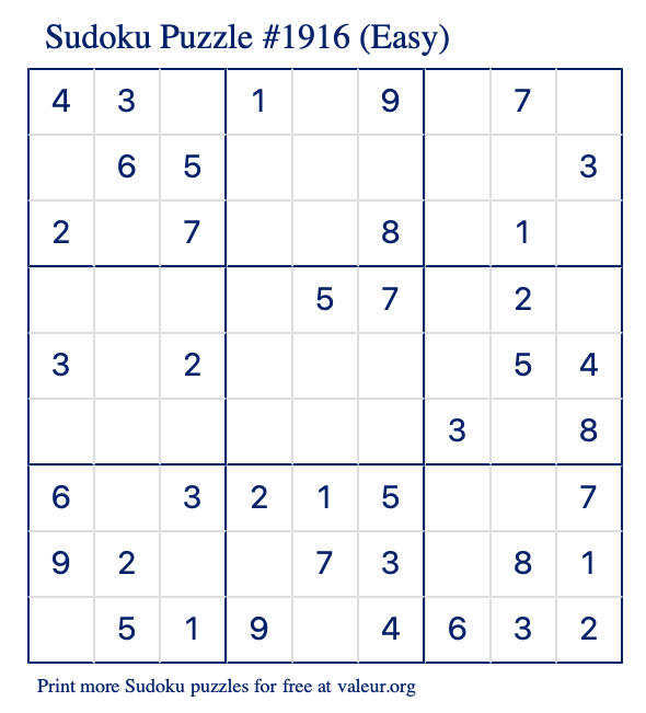 Free Printable Easy Sudoku Puzzle number 1916