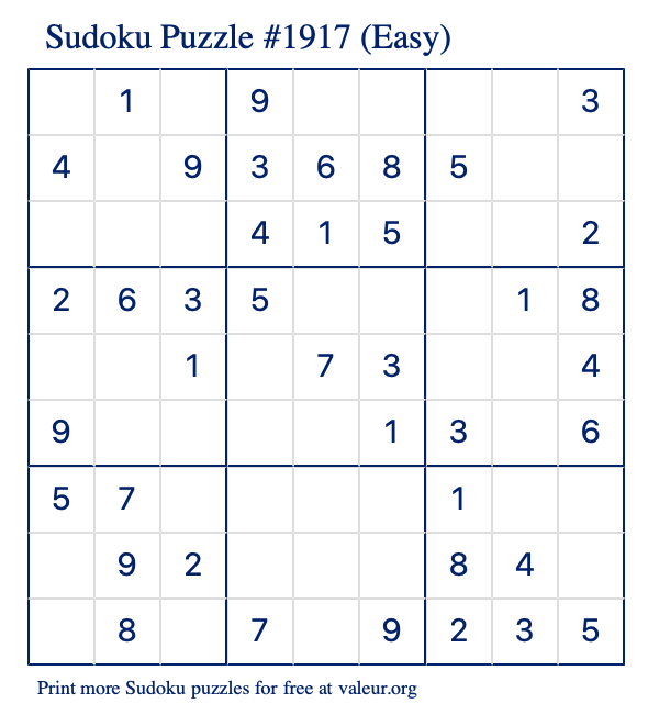 Free Printable Easy Sudoku Puzzle number 1917
