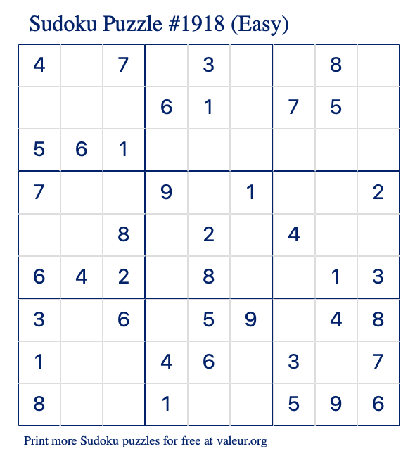 Free Printable Easy Sudoku Puzzle number 1918