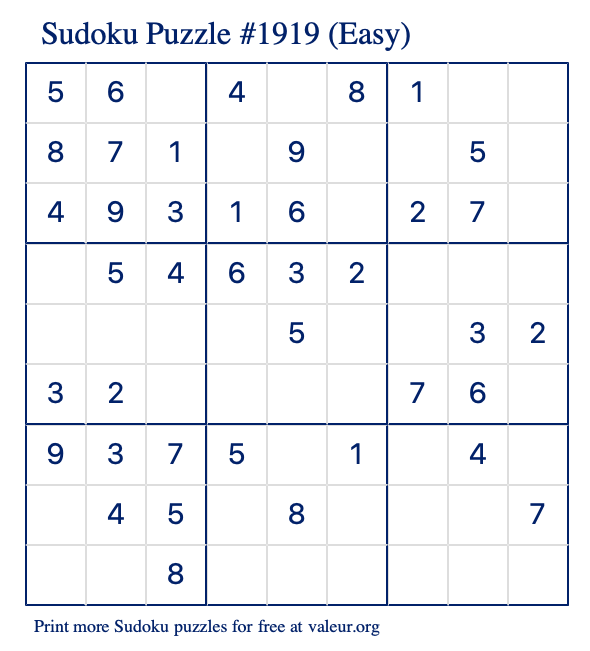 Free Printable Easy Sudoku Puzzle number 1919
