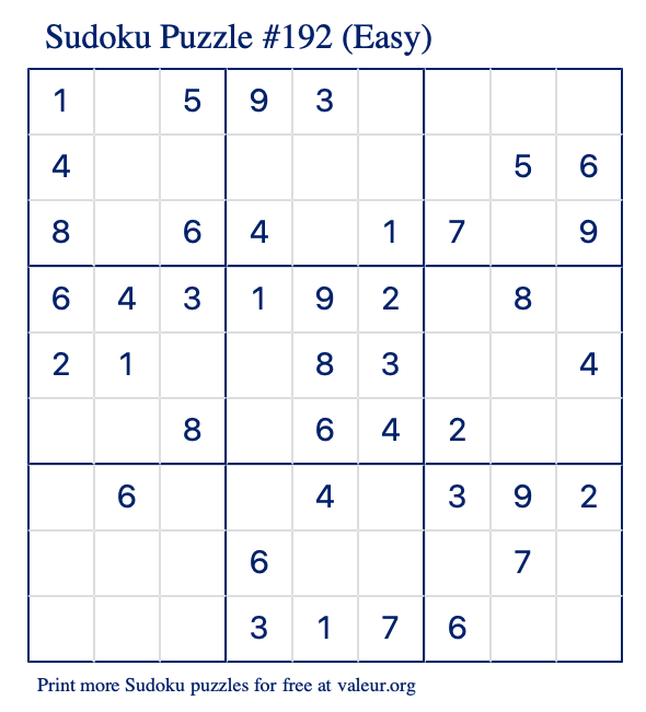 Free Printable Easy Sudoku Puzzle number 192