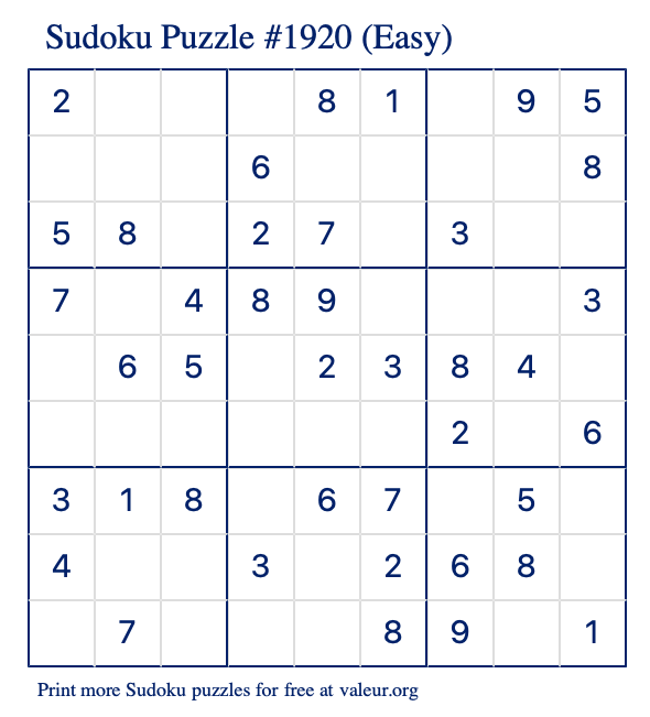 Free Printable Easy Sudoku Puzzle number 1920