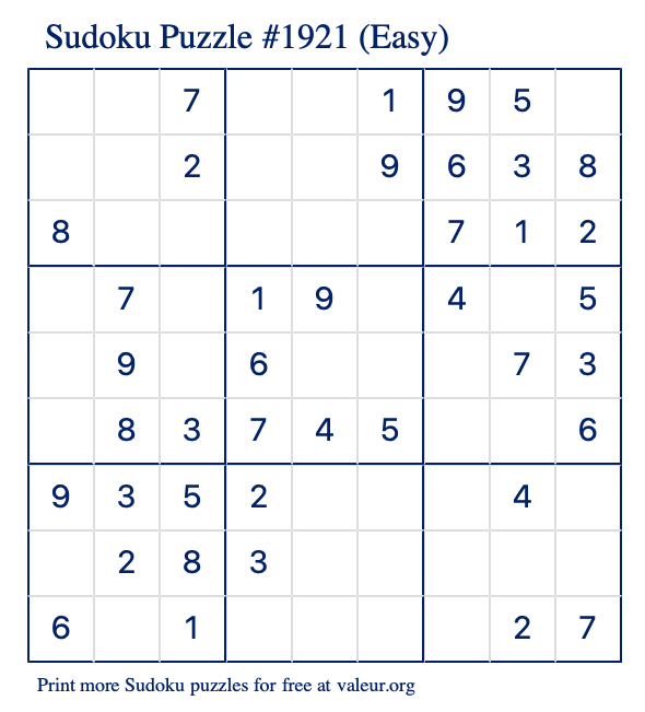 Free Printable Easy Sudoku Puzzle number 1921