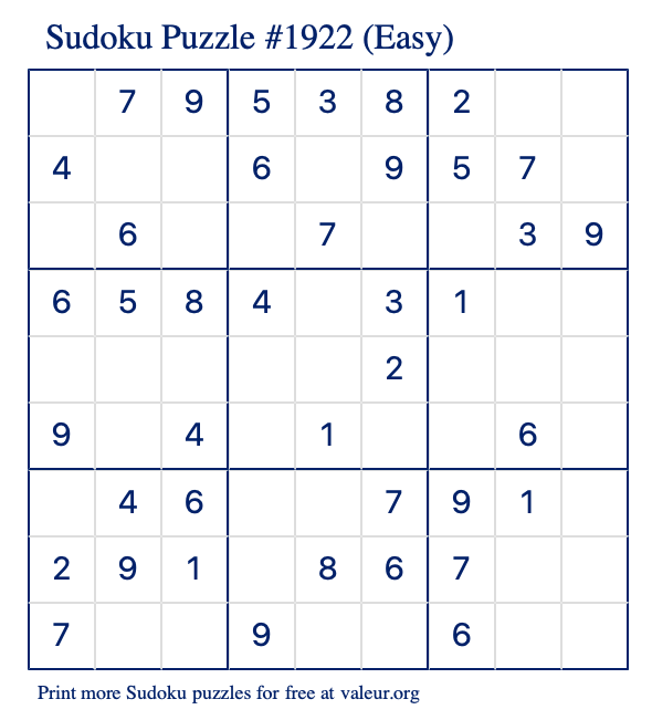 Free Printable Easy Sudoku Puzzle number 1922
