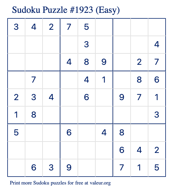 Free Printable Easy Sudoku Puzzle number 1923