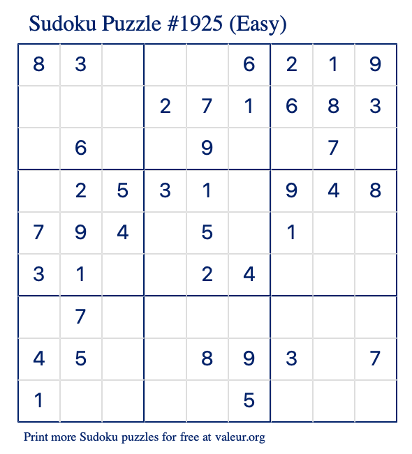 Free Printable Easy Sudoku Puzzle number 1925