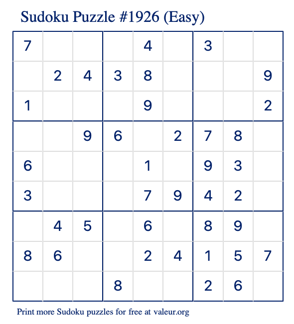 Free Printable Easy Sudoku Puzzle number 1926