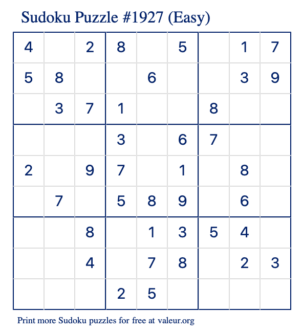 Free Printable Easy Sudoku Puzzle number 1927