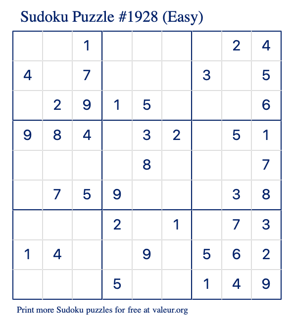 Free Printable Easy Sudoku Puzzle number 1928