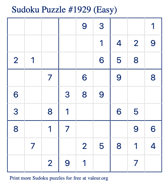 Free Printable Easy Sudoku Puzzle number 1929