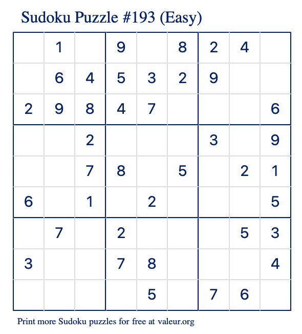 Free Printable Easy Sudoku Puzzle number 193