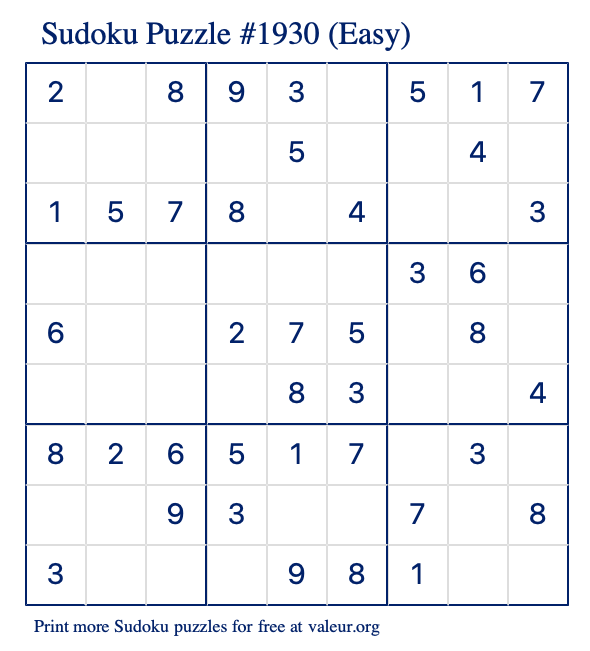 Free Printable Easy Sudoku Puzzle number 1930
