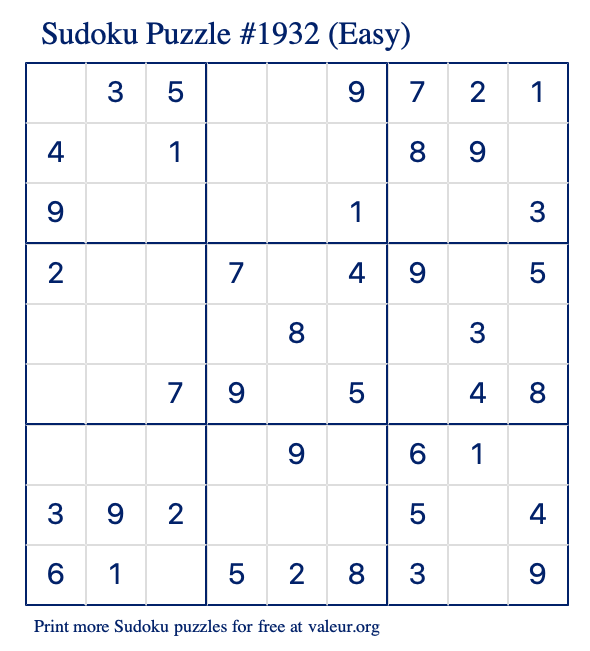 Free Printable Easy Sudoku Puzzle number 1932