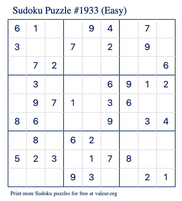 Free Printable Easy Sudoku Puzzle number 1933