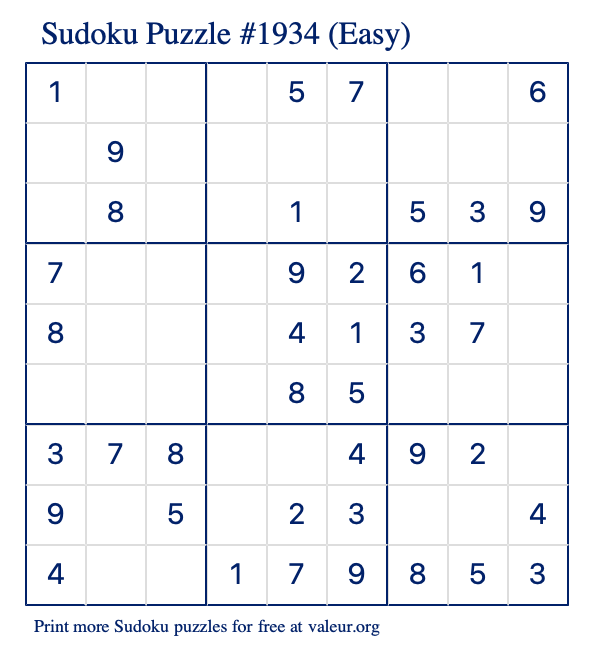 Free Printable Easy Sudoku Puzzle number 1934