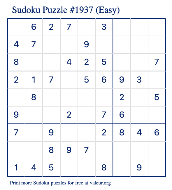 Free Printable Easy Sudoku Puzzle number 1937