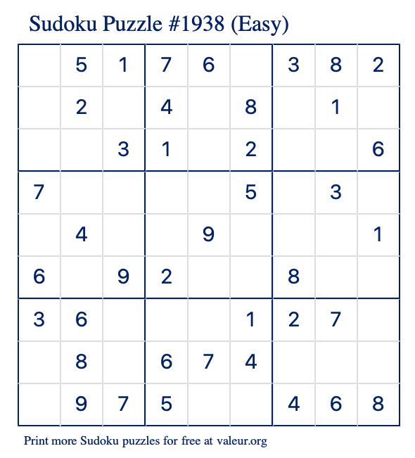 Free Printable Easy Sudoku Puzzle number 1938