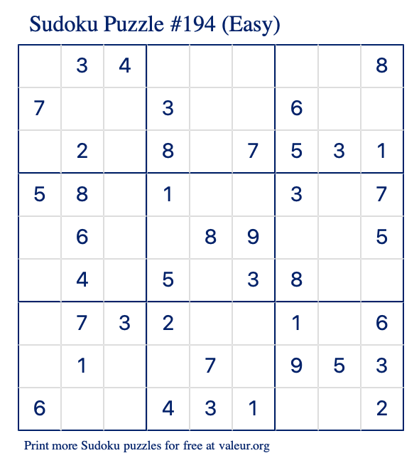 Free Printable Easy Sudoku Puzzle number 194