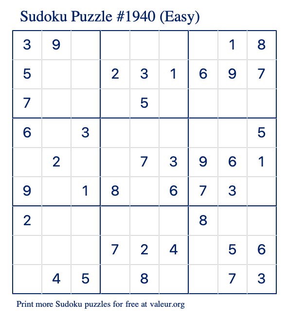 Free Printable Easy Sudoku Puzzle number 1940