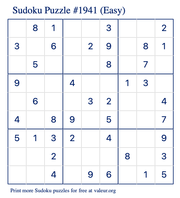 Free Printable Easy Sudoku Puzzle number 1941