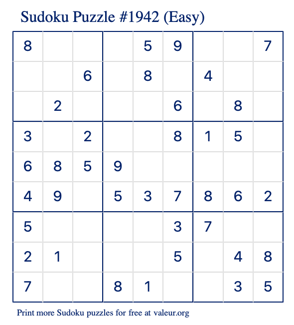 Free Printable Easy Sudoku Puzzle number 1942