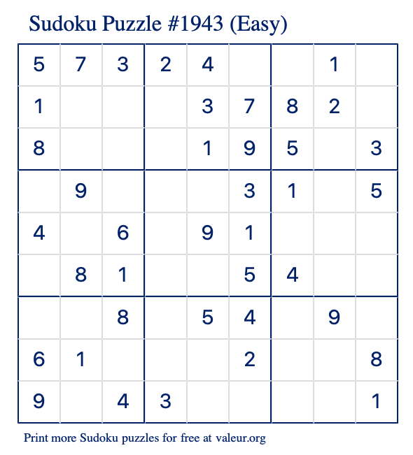 Free Printable Easy Sudoku Puzzle number 1943
