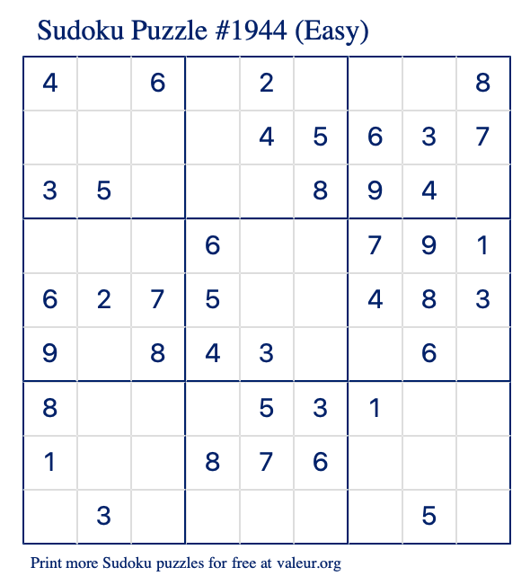 Free Printable Easy Sudoku Puzzle number 1944