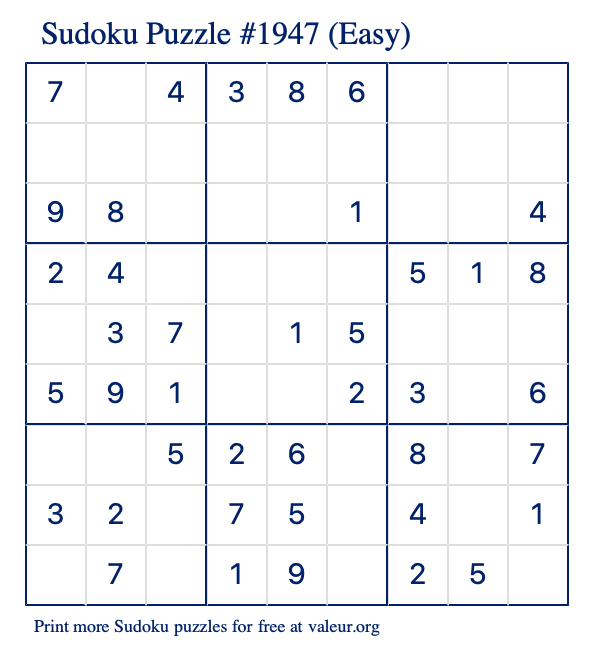 Free Printable Easy Sudoku Puzzle number 1947