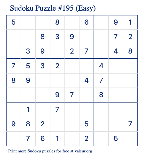 Free Printable Easy Sudoku Puzzle number 195