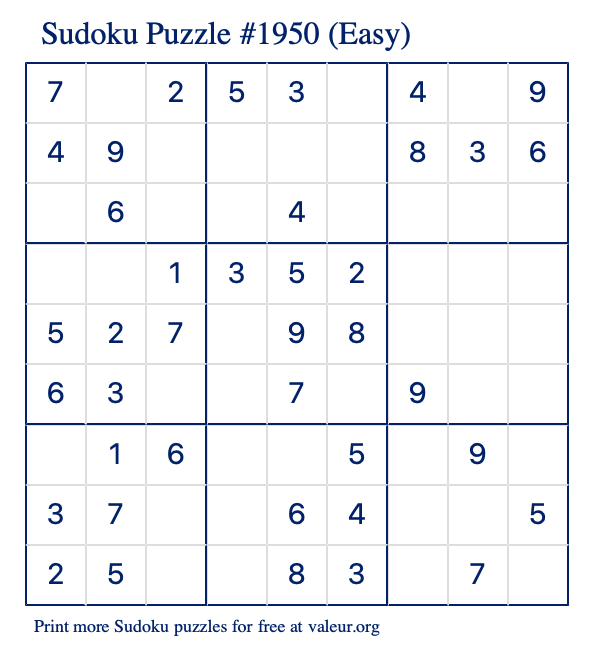 Free Printable Easy Sudoku Puzzle number 1950
