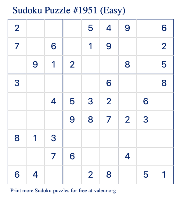 Free Printable Easy Sudoku Puzzle number 1951