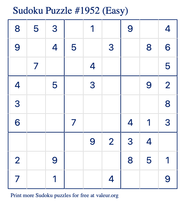 Free Printable Easy Sudoku Puzzle number 1952