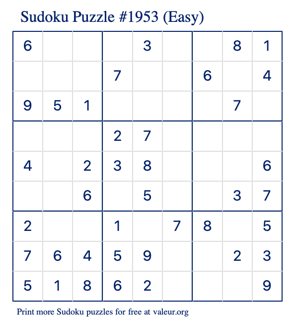 Free Printable Easy Sudoku Puzzle number 1953