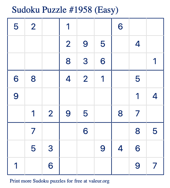 Free Printable Easy Sudoku Puzzle number 1958