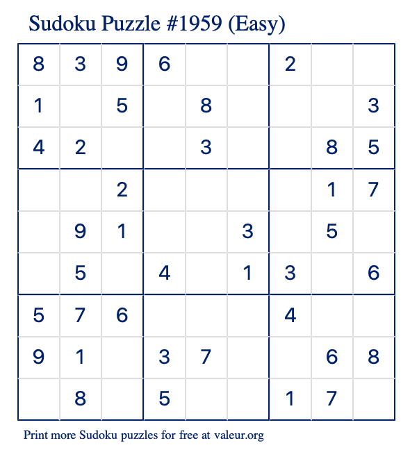 Free Printable Easy Sudoku Puzzle number 1959