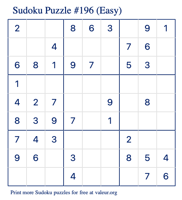 Free Printable Easy Sudoku Puzzle number 196