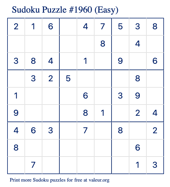 Free Printable Easy Sudoku Puzzle number 1960