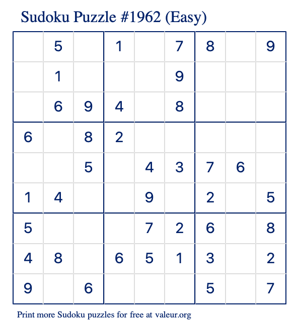 Free Printable Easy Sudoku Puzzle number 1962