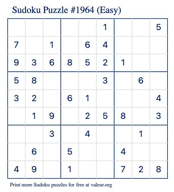 Free Printable Easy Sudoku Puzzle number 1964
