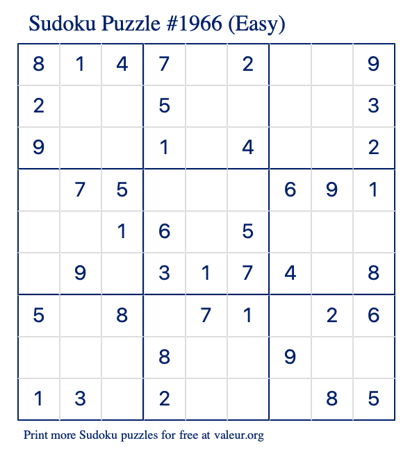 Free Printable Easy Sudoku Puzzle number 1966