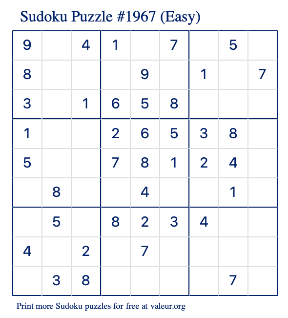 Free Printable Easy Sudoku Puzzle number 1967