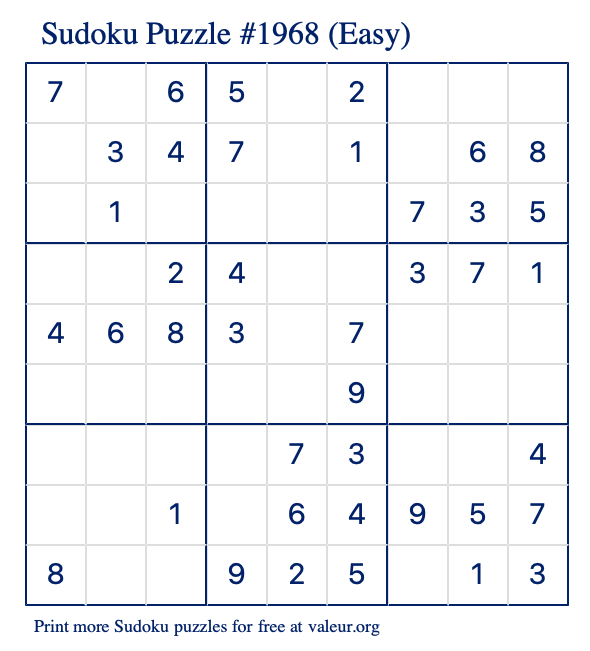 Free Printable Easy Sudoku Puzzle number 1968