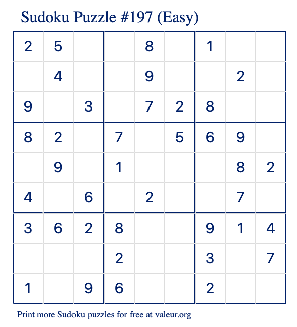 Free Printable Easy Sudoku Puzzle number 197