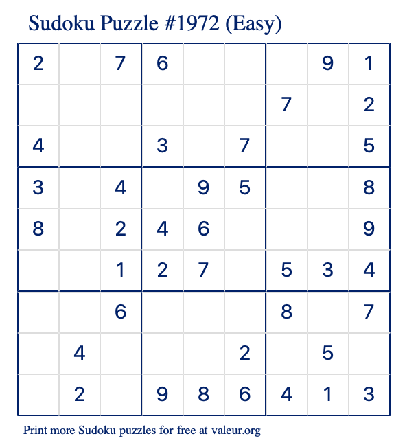 Free Printable Easy Sudoku Puzzle number 1972